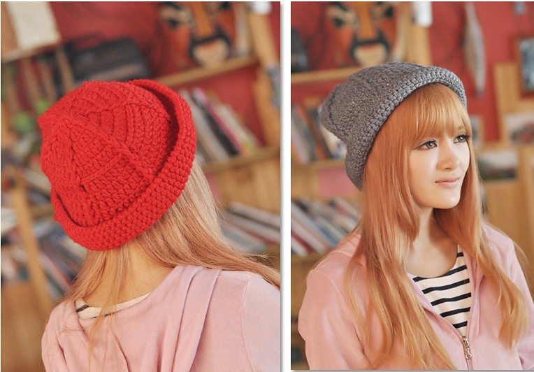 秋冬卷邊毛線針織帽，卡通萌女神搭配必備